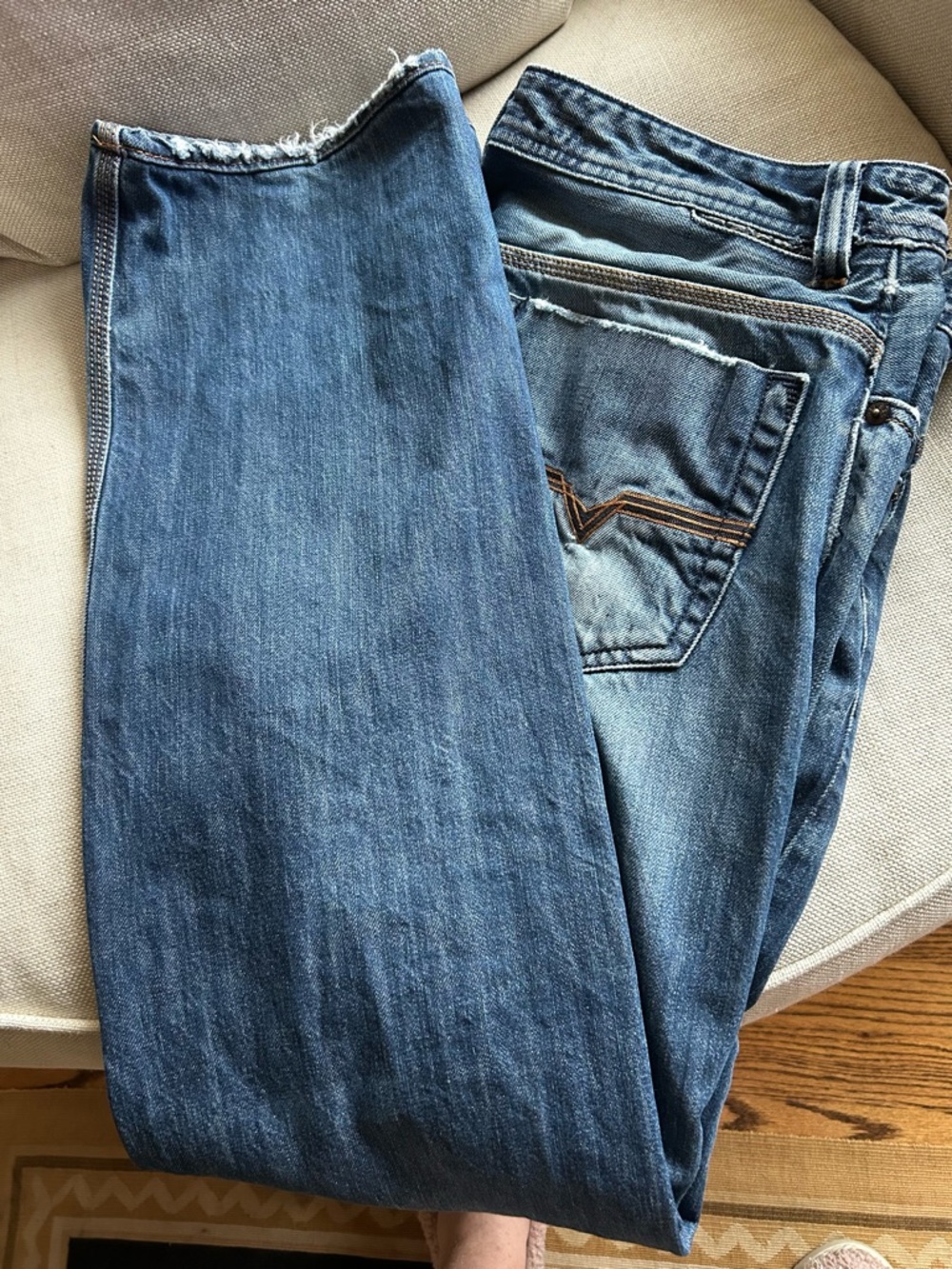 Diesel Men's Blue Slim Straight Jeans with Frayed Hem